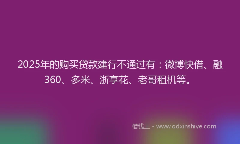 2025年的购买贷款建行不通过有：微博快借、融360、多米、浙享花、老哥租机等。