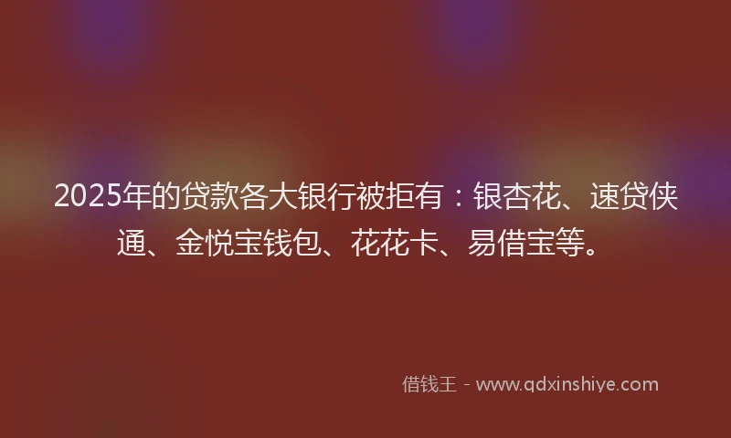 2025年的贷款各大银行被拒有：银杏花、速贷侠通、金悦宝钱包、花花卡、易借宝等。