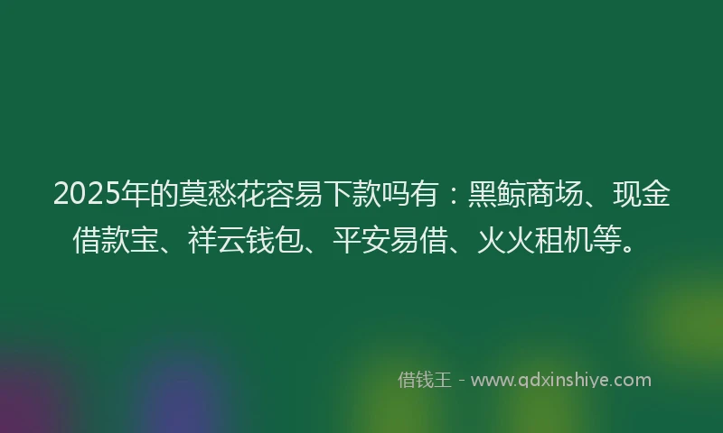 2025年的莫愁花容易下款吗有：黑鲸商场、现金借款宝、祥云钱包、平安易借、火火租机等。