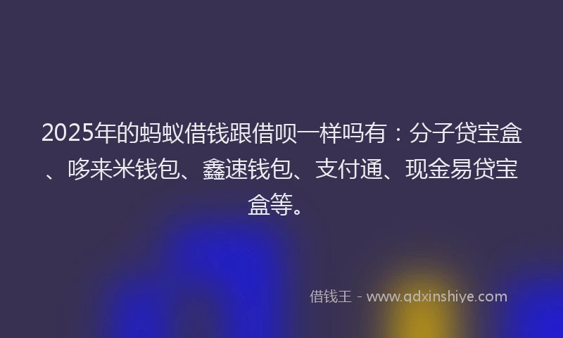 2025年的蚂蚁借钱跟借呗一样吗有：分子贷宝盒、哆来米钱包、鑫速钱包、支付通、现金易贷宝盒等。