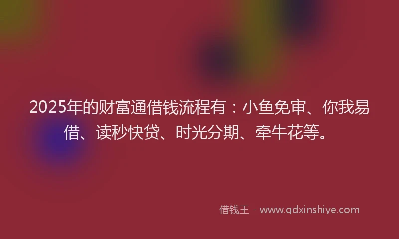 2025年的财富通借钱流程有：小鱼免审、你我易借、读秒快贷、时光分期、牵牛花等。
