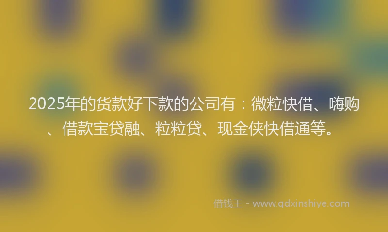 2025年的货款好下款的公司有：微粒快借、嗨购、借款宝贷融、粒粒贷、现金侠快借通等。