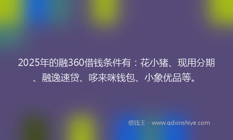 2025年的融360借钱条件有：花小猪、现用分期、融逸速贷、哆来咪钱包、小象优品等。