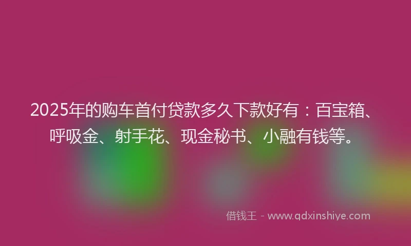 2025年的购车首付贷款多久下款好有：百宝箱、呼吸金、射手花、现金秘书、小融有钱等。