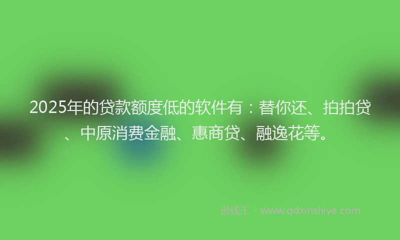 2025年的贷款额度低的软件有：替你还、拍拍贷、中原消费金融、惠商贷、融逸花等。