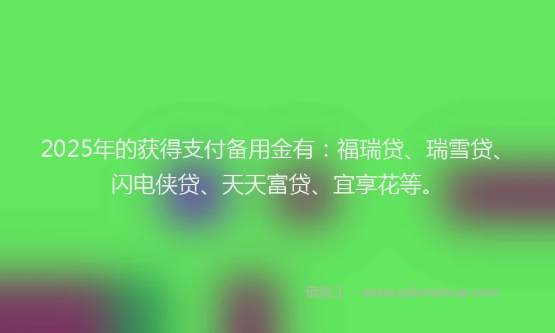 2025年的获得支付备用金有：福瑞贷、瑞雪贷、闪电侠贷、天天富贷、宜享花等。