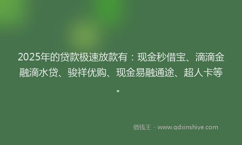 2025年的贷款极速放款有：现金秒借宝、滴滴金融滴水贷、骏祥优购、现金易融通途、超人卡等。