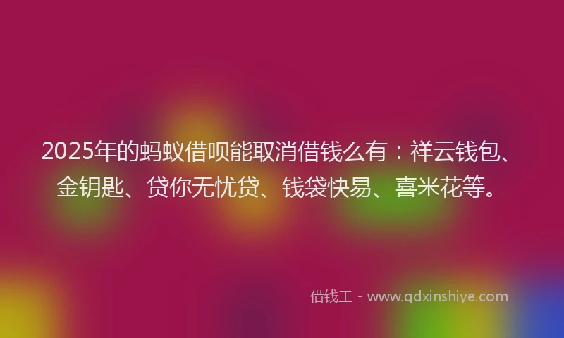 2025年的蚂蚁借呗能取消借钱么有：祥云钱包、金钥匙、贷你无忧贷、钱袋快易、喜米花等。