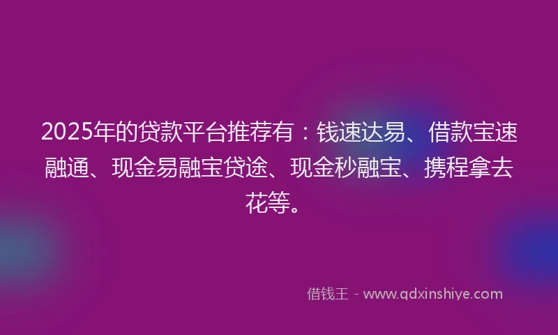 2025年的贷款平台推荐有：钱速达易、借款宝速融通、现金易融宝贷途、现金秒融宝、携程拿去花等。