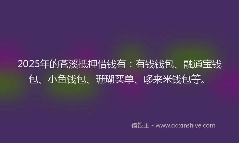 2025年的苍溪抵押借钱有：有钱钱包、融通宝钱包、小鱼钱包、珊瑚买单、哆来米钱包等。
