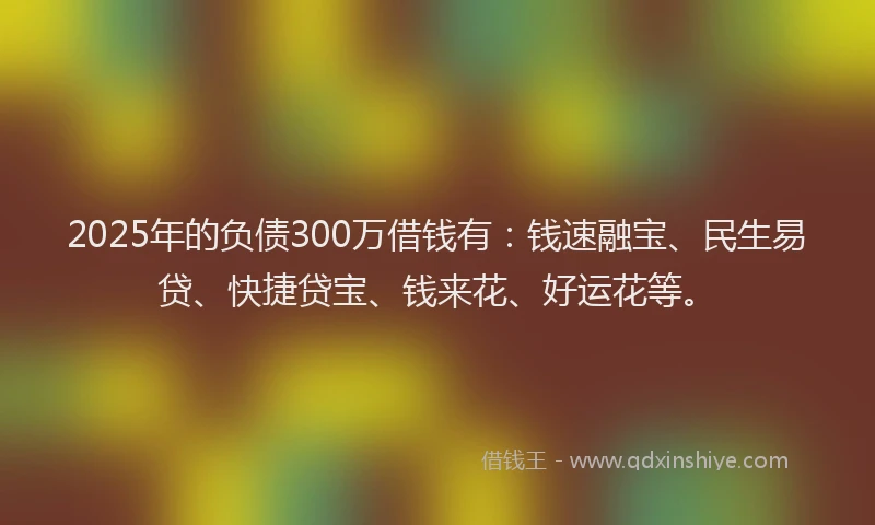 2025年的负债300万借钱有：钱速融宝、民生易贷、快捷贷宝、钱来花、好运花等。