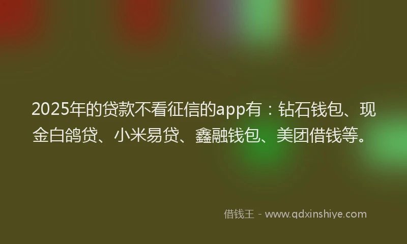 2025年的贷款不看征信的app有：钻石钱包、现金白鸽贷、小米易贷、鑫融钱包、美团借钱等。