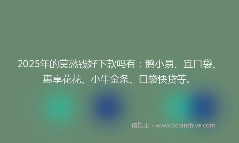 2025年的莫愁钱好下款吗有：鹅小易、宜口袋、惠享花花、小牛金条、口袋快贷等。