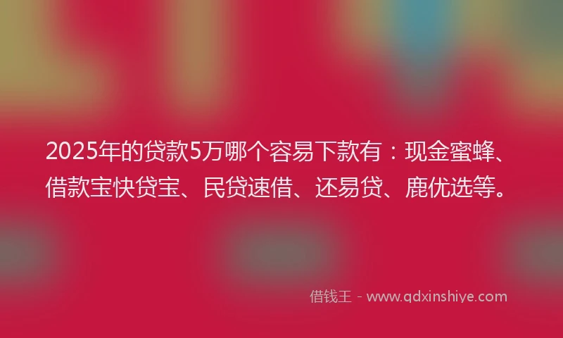 2025年的贷款5万哪个容易下款有：现金蜜蜂、借款宝快贷宝、民贷速借、还易贷、鹿优选等。