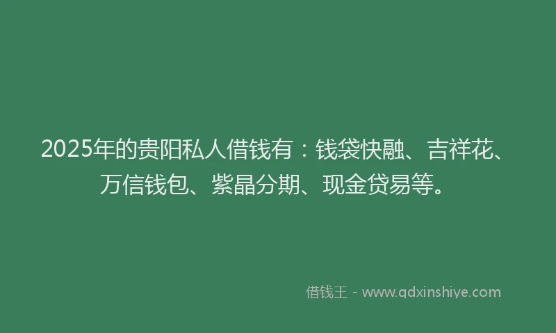 2025年的贵阳私人借钱有：钱袋快融、吉祥花、万信钱包、紫晶分期、现金贷易等。