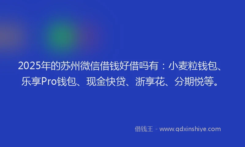 2025年的苏州微信借钱好借吗有:小麦粒钱包、乐享Pro钱包、现金快贷、浙享花、分期悦等。