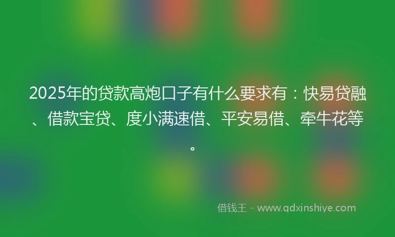 2025年的贷款高炮口子有什么要求有：快易贷融、借款宝贷、度小满速借、平安易借、牵牛花等。