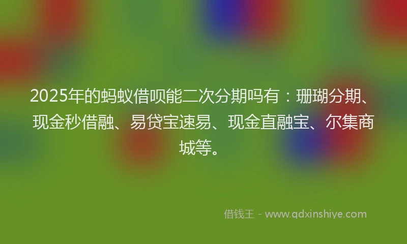 2025年的蚂蚁借呗能二次分期吗有：珊瑚分期、现金秒借融、易贷宝速易、现金直融宝、尔集商城等。
