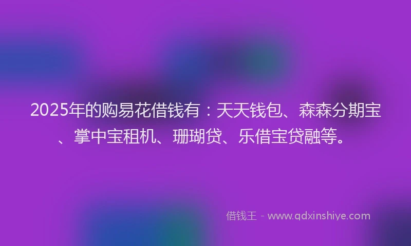 2025年的购易花借钱有：天天钱包、森森分期宝、掌中宝租机、珊瑚贷、乐借宝贷融等。