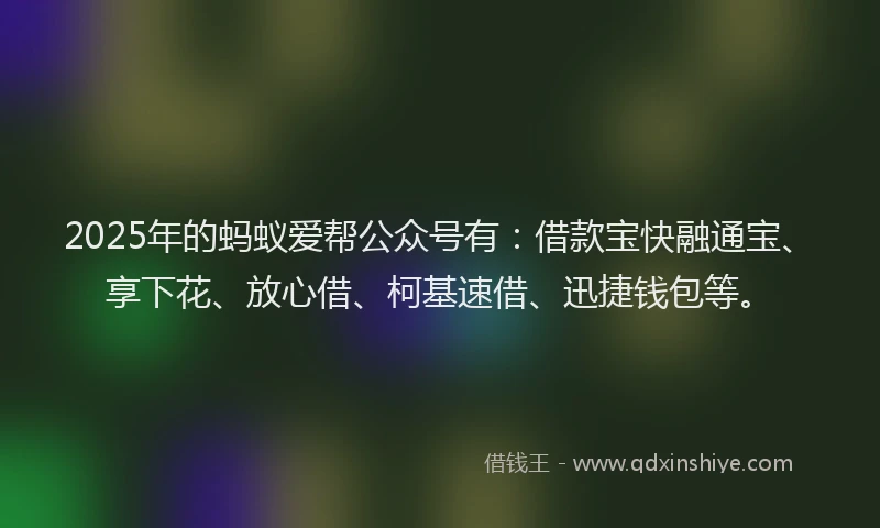 2025年的蚂蚁爱帮公众号有：借款宝快融通宝、享下花、放心借、柯基速借、迅捷钱包等。