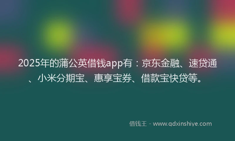 2025年的蒲公英借钱app有：京东金融、速贷通、小米分期宝、惠享宝券、借款宝快贷等。