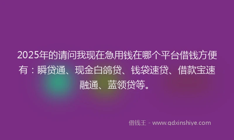 2025年的请问我现在急用钱在哪个平台借钱方便有：瞬贷通、现金白鸽贷、钱袋速贷、借款宝速融通、蓝领贷等。