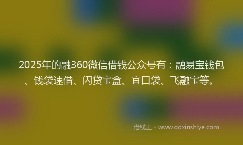 2025年的融360微信借钱公众号有：融易宝钱包、钱袋速借、闪贷宝盒、宜口袋、飞融宝等。