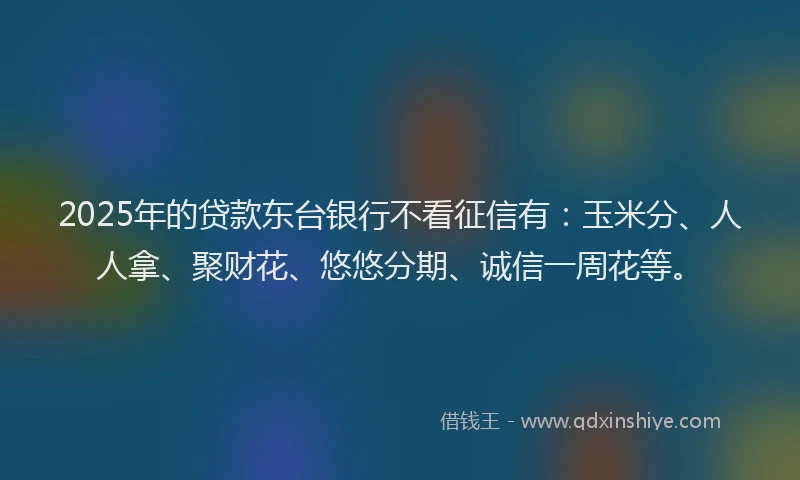 2025年的贷款东台银行不看征信有：玉米分、人人拿、聚财花、悠悠分期、诚信一周花等。