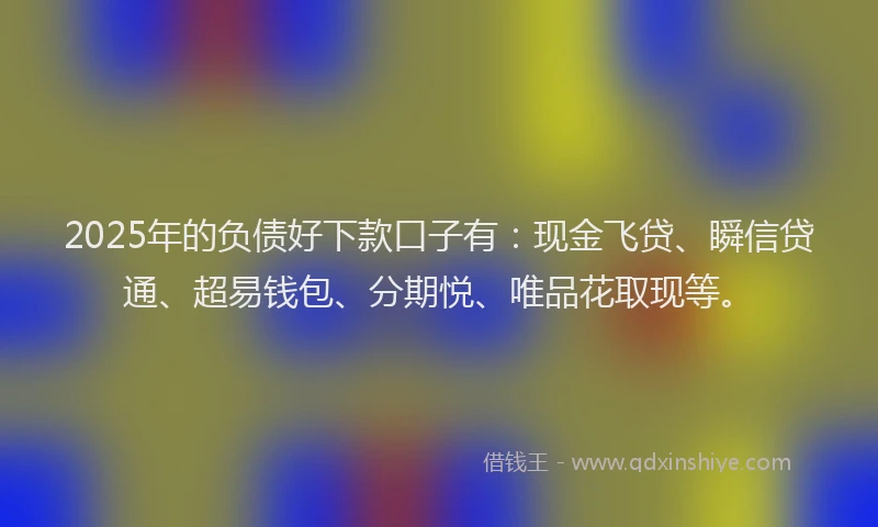 2025年的负债好下款口子有：现金飞贷、瞬信贷通、超易钱包、分期悦、唯品花取现等。