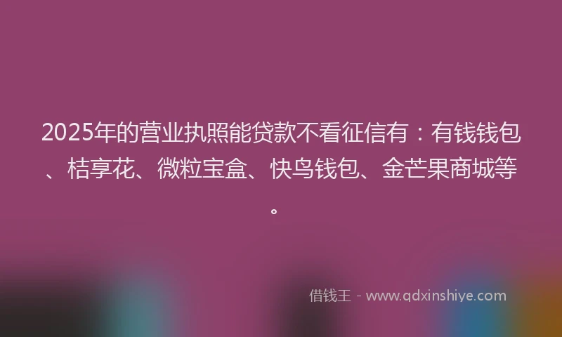 2025年的营业执照能贷款不看征信有：有钱钱包、桔享花、微粒宝盒、快鸟钱包、金芒果商城等。