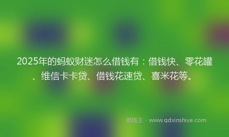 2025年的蚂蚁财迷怎么借钱有：借钱快、零花罐、维信卡卡贷、借钱花速贷、喜米花等。