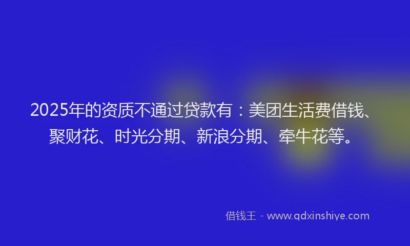 2025年的资质不通过贷款有：美团生活费借钱、聚财花、时光分期、新浪分期、牵牛花等。