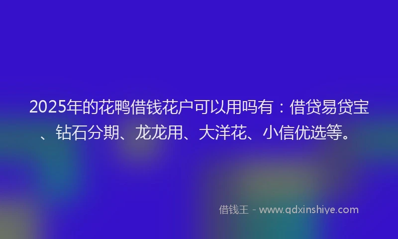 2025年的花鸭借钱花户可以用吗有：借贷易贷宝、钻石分期、龙龙用、大洋花、小信优选等。