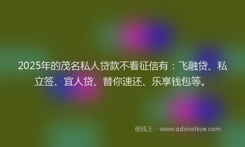 2025年的茂名私人贷款不看征信有：飞融贷、私立签、宜人贷、替你速还、乐享钱包等。