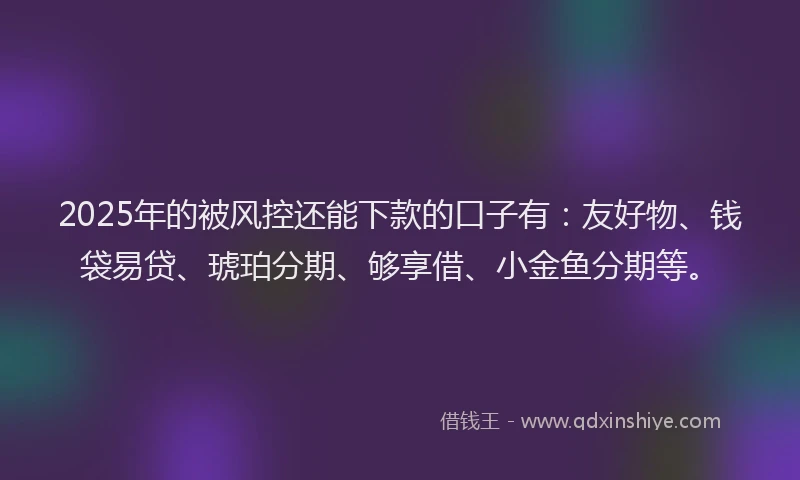 2025年的被风控还能下款的口子有：友好物、钱袋易贷、琥珀分期、够享借、小金鱼分期等。