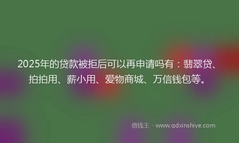 2025年的贷款被拒后可以再申请吗有：翡翠贷、拍拍用、薪小用、爱物商城、万信钱包等。