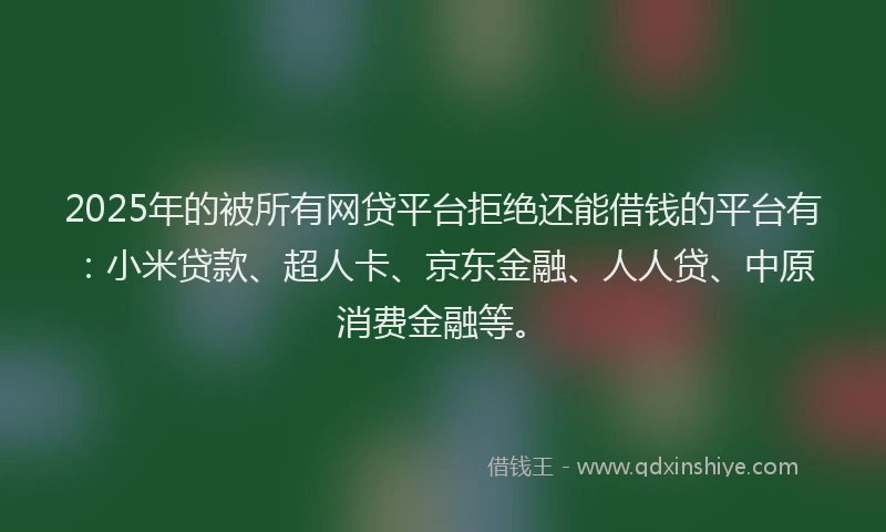 2025年的被所有网贷平台拒绝还能借钱的平台有：小米贷款、超人卡、京东金融、人人贷、中原消费金融等。
