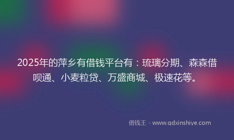 2025年的萍乡有借钱平台有：琉璃分期、森森借呗通、小麦粒贷、万盛商城、极速花等。