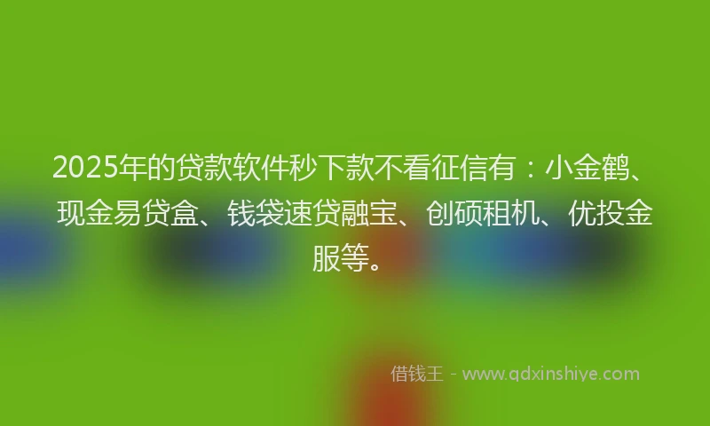 2025年的贷款软件秒下款不看征信有：小金鹤、现金易贷盒、钱袋速贷融宝、创硕租机、优投金服等。