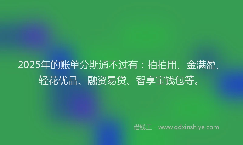 2025年的账单分期通不过有：拍拍用、金满盈、轻花优品、融资易贷、智享宝钱包等。
