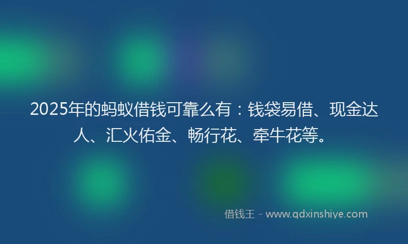 2025年的蚂蚁借钱可靠么有：钱袋易借、现金达人、汇火佑金、畅行花、牵牛花等。