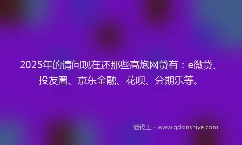 2025年的请问现在还那些高炮网贷有：e微贷、投友圈、京东金融、花呗、分期乐等。