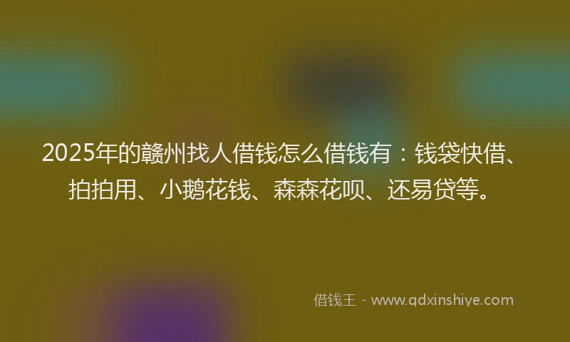 2025年的赣州找人借钱怎么借钱有：钱袋快借、拍拍用、小鹅花钱、森森花呗、还易贷等。
