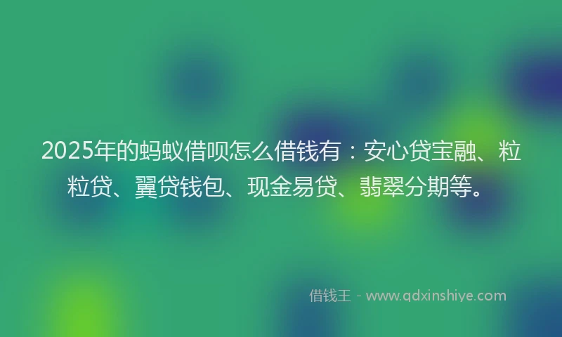 2025年的蚂蚁借呗怎么借钱有：安心贷宝融、粒粒贷、翼贷钱包、现金易贷、翡翠分期等。