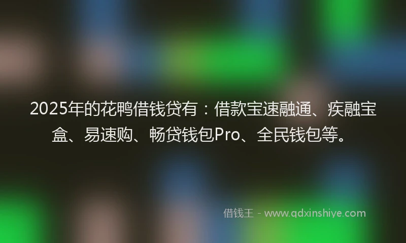 2025年的花鸭借钱贷有：借款宝速融通、疾融宝盒、易速购、畅贷钱包Pro、全民钱包等。