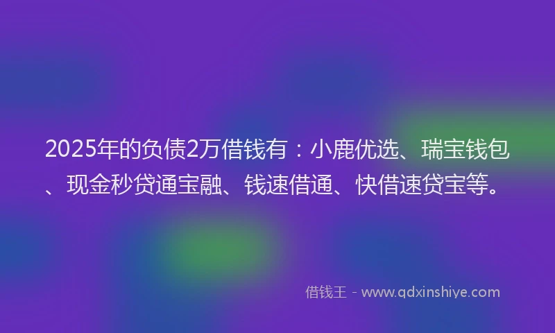 2025年的负债2万借钱有：小鹿优选、瑞宝钱包、现金秒贷通宝融、钱速借通、快借速贷宝等。