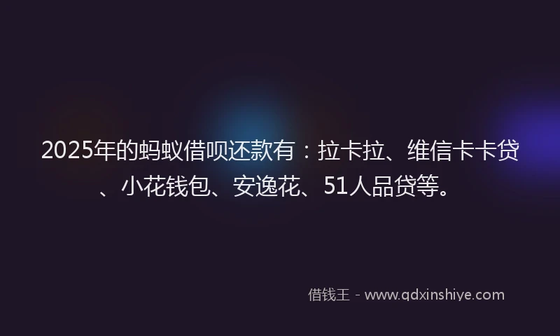 2025年的蚂蚁借呗还款有：拉卡拉、维信卡卡贷、小花钱包、安逸花、51人品贷等。