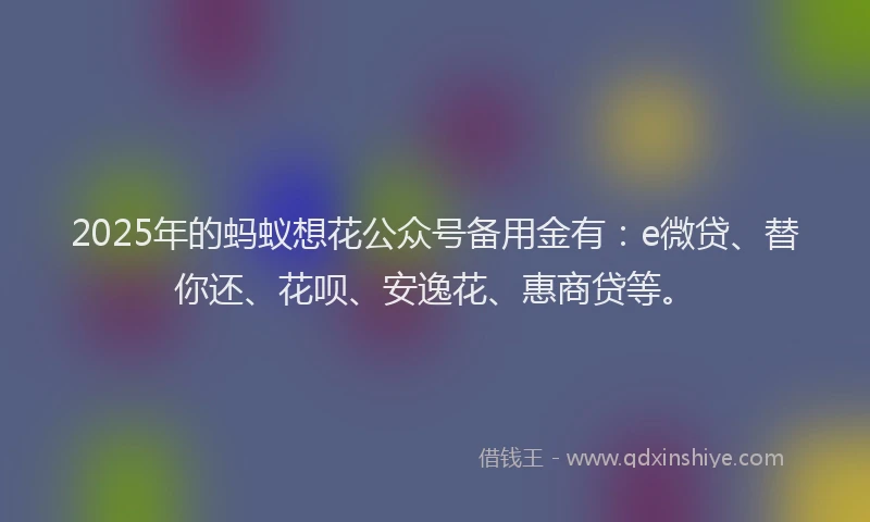 2025年的蚂蚁想花公众号备用金有：e微贷、替你还、花呗、安逸花、惠商贷等。