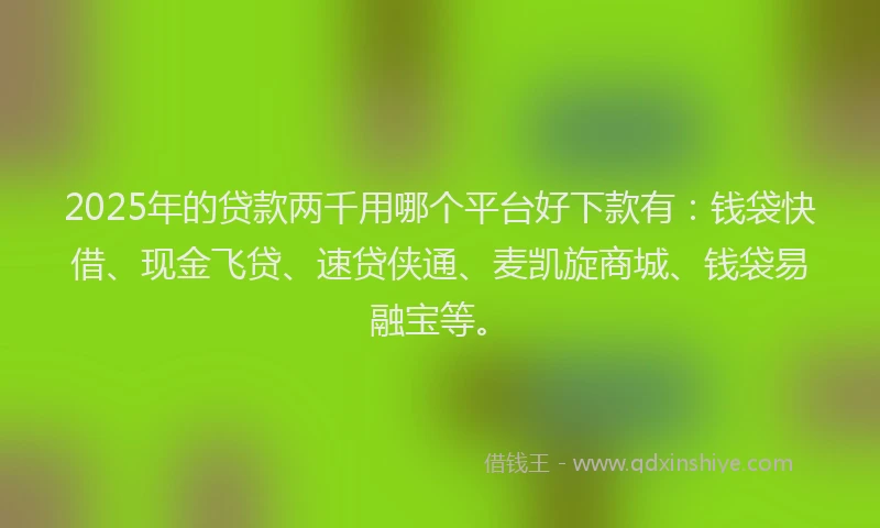 2025年的贷款两千用哪个平台好下款有：钱袋快借、现金飞贷、速贷侠通、麦凯旋商城、钱袋易融宝等。
