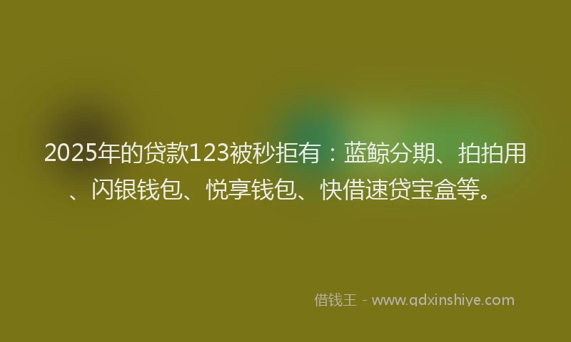 2025年的贷款123被秒拒有：蓝鲸分期、拍拍用、闪银钱包、悦享钱包、快借速贷宝盒等。